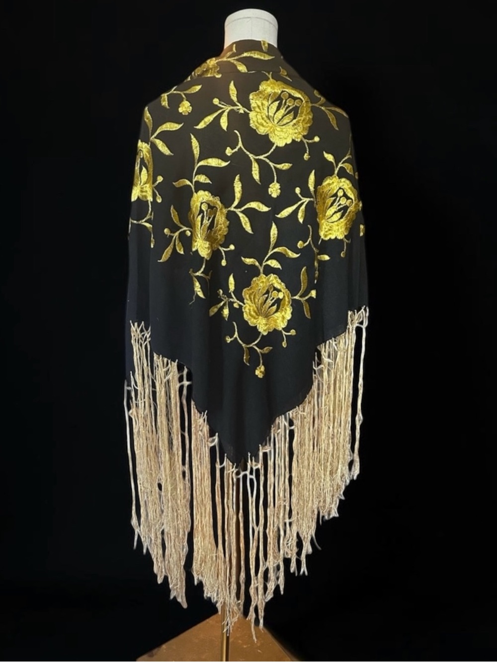Vintage 1920s Black Silk Embroidered Piano Shawl with 16” Fringe